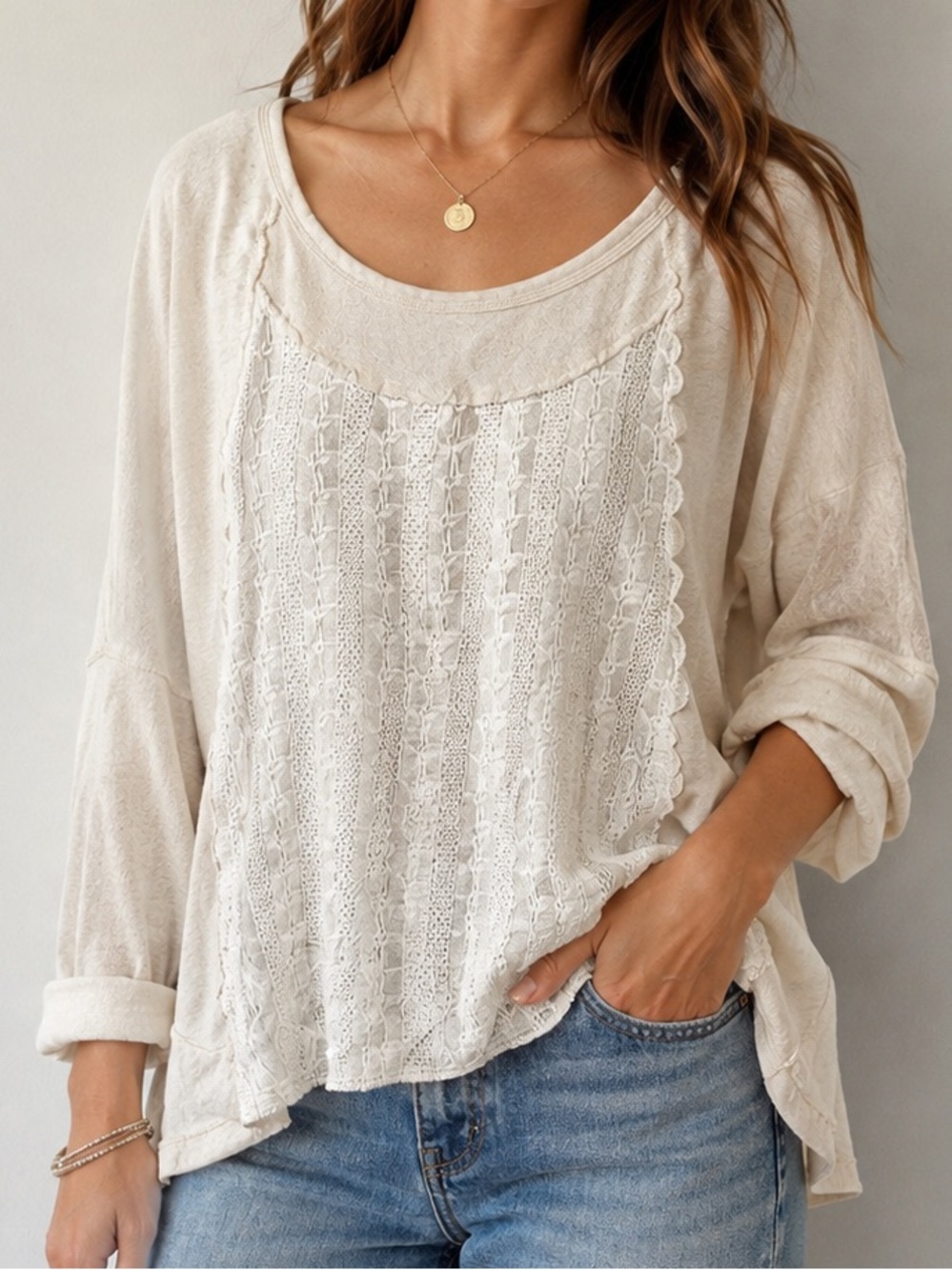Free People Ivory Embroidered Lace Front Boho Top – Size M